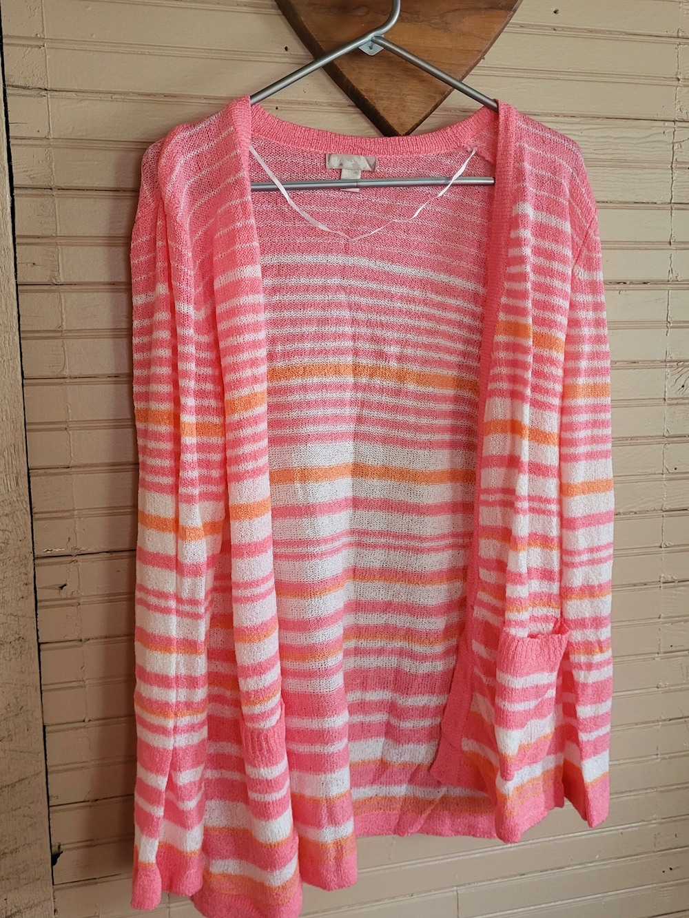 Striped Open-Front Pink & White Women’s Sweater Cardigan